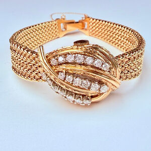 Estate 14K Solid Gold Altair Ladies Diamond Hidden Dial Bracelet Watch 1940's